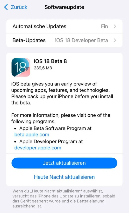 井陉苹果手机维修分享苹果 iOS / iPadOS 18 开发者预览版 Beta 8 发布 